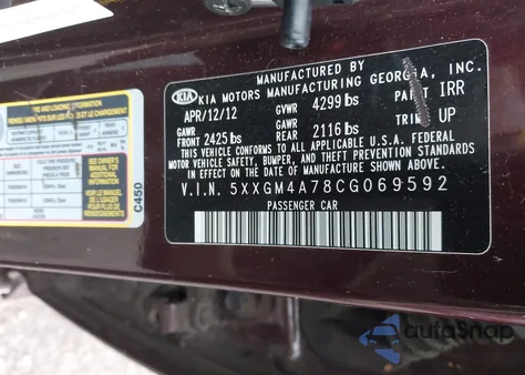 2012 Kia Optima Lx z USA, uszkodzony, nr VIN 5XXGM4A78CG069592